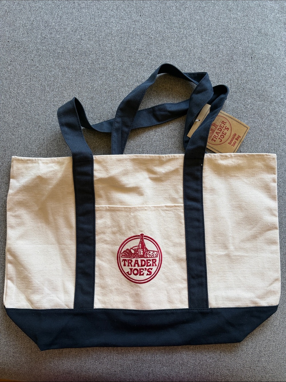 Trader Joe’s Large Tote Bag in Cream and Navy Blue